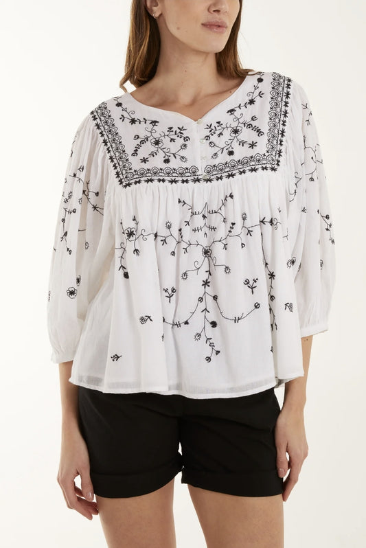 Cotton embroidered smock blouse top