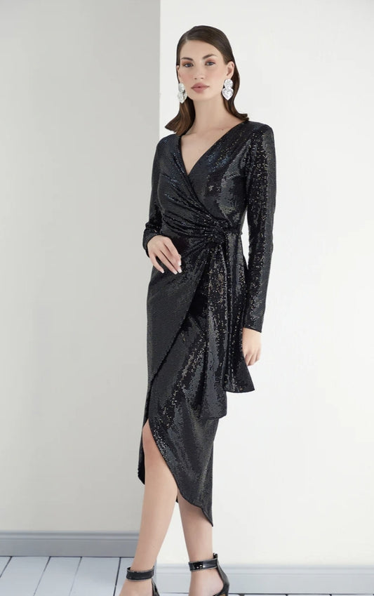 Black Sequin Wrap Dress