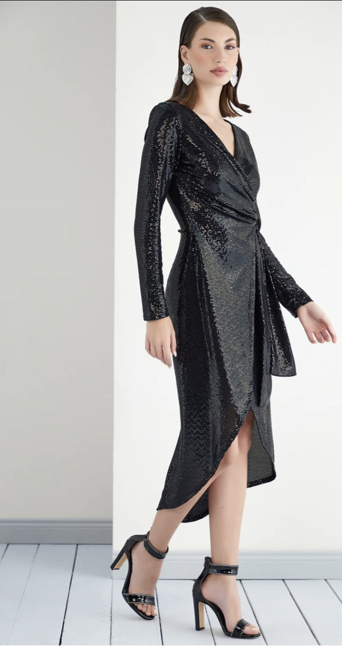 Black Sequin Wrap Dress