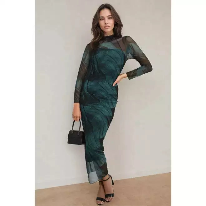 Green Mesh Sleeve Midi Dress